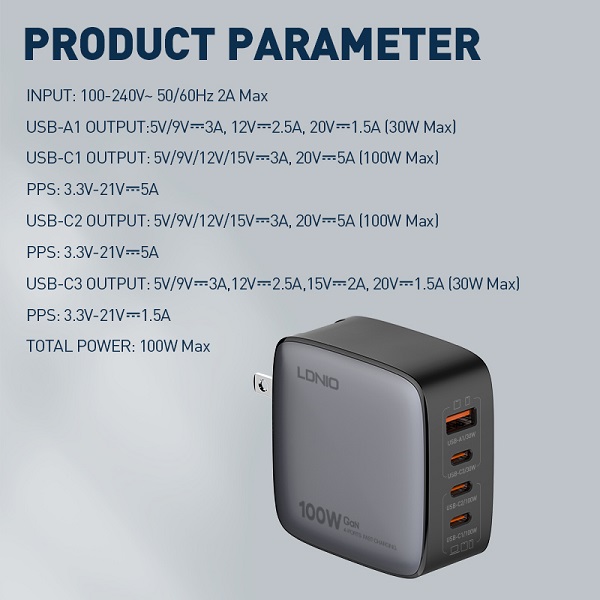 LDNIO 100W Home Charger Q408 - Gray