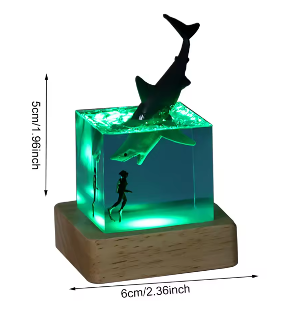 Resin Megalodon Shark With Diver +Wood Base with Light 